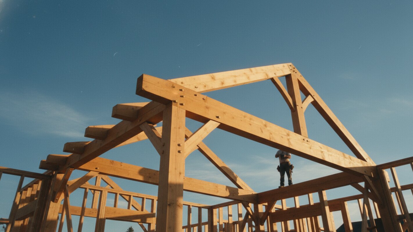 Offene Holzrahmenkonstruktion eines Hauses im Bau.