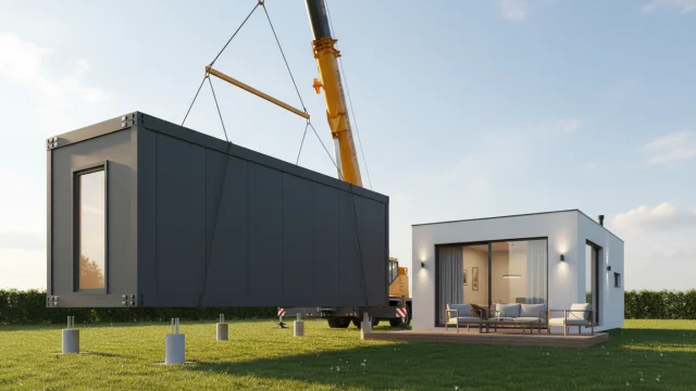 Dźwig montujący moduł domu z tarasem w ogrodzie.