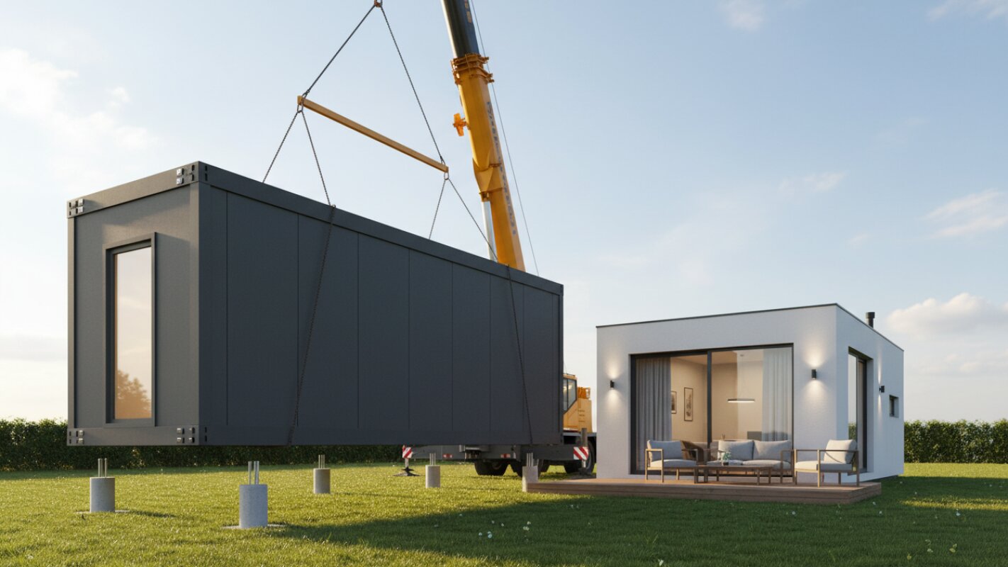 Grue assemblant module maison avec terrasse dans jardin.
