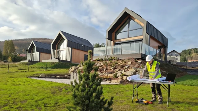 Inżynier z projektem na tle nowoczesnego osiedla domów.