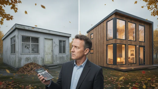 Porównanie: stary domek letniskowy a nowy dom modułowy.