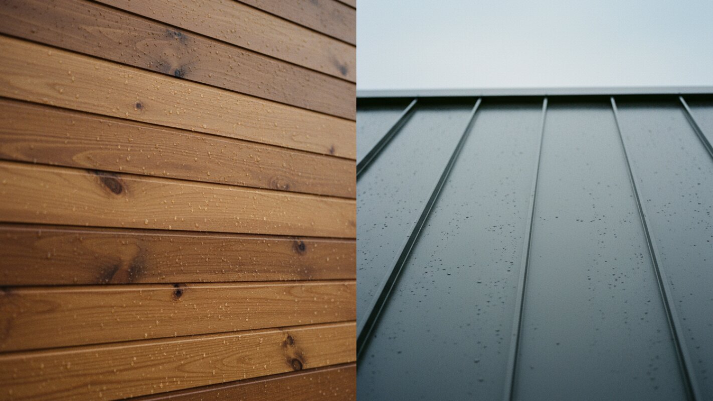 Detail: wooden facade and metal roof, weather resistant.