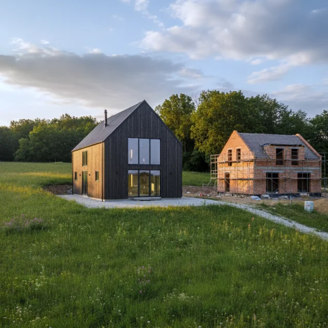 Dom typu stodoła, ciemna elewacja, w tle dom w budowie.