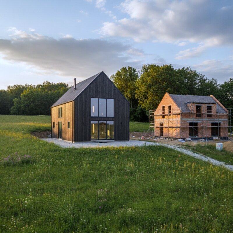 Dom szkieletowy typu stodoła o ciemnej elewacji i dużych oknach, stojący w zielonej scenerii, podczas gdy w tle widać nieukończony, murowany dom w trakcie budowy.
