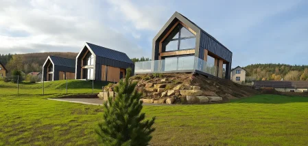 Nowoczesny dom modułowy: drewniana elewacja, łukowaty dach, taras z parasolem.