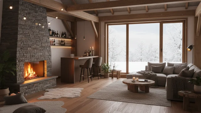 Przytulne wnętrze energooszczędnego domu zimą z widokiem na śnieg za oknem.
