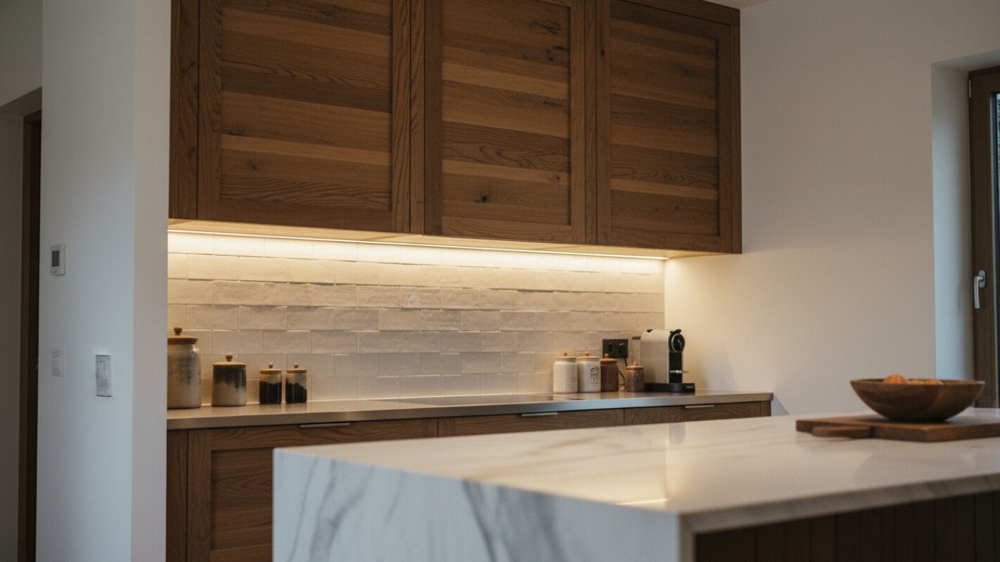 Solidnie zamontowane szafki kuchenne na ścianie szkieletowej w nowoczesnej kuchni.