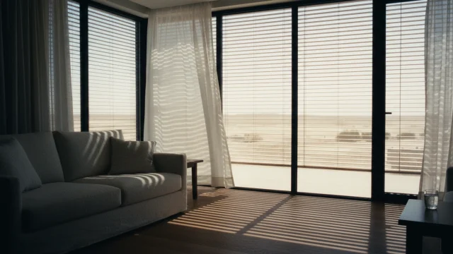 Wnętrze szkieletu chronione żaluzjami przed upałem.