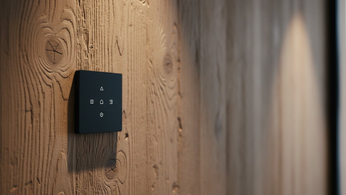 Modern Smart Home control panel mounted on a wooden wall inside a timber frame house.