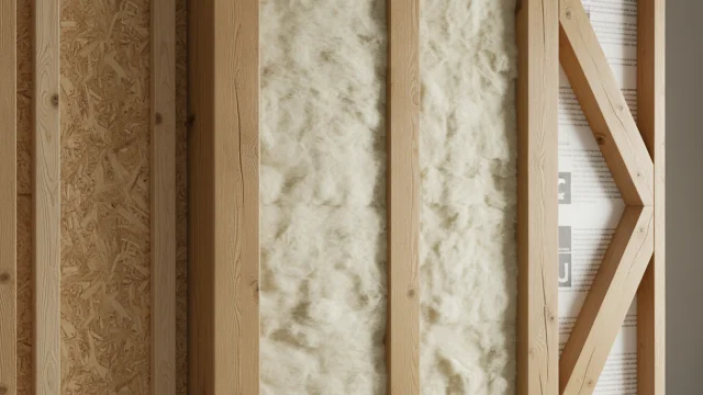 Przekrój ściany w technologii szkieletowej ukazujący warstwy izolacji i konstrukcję.