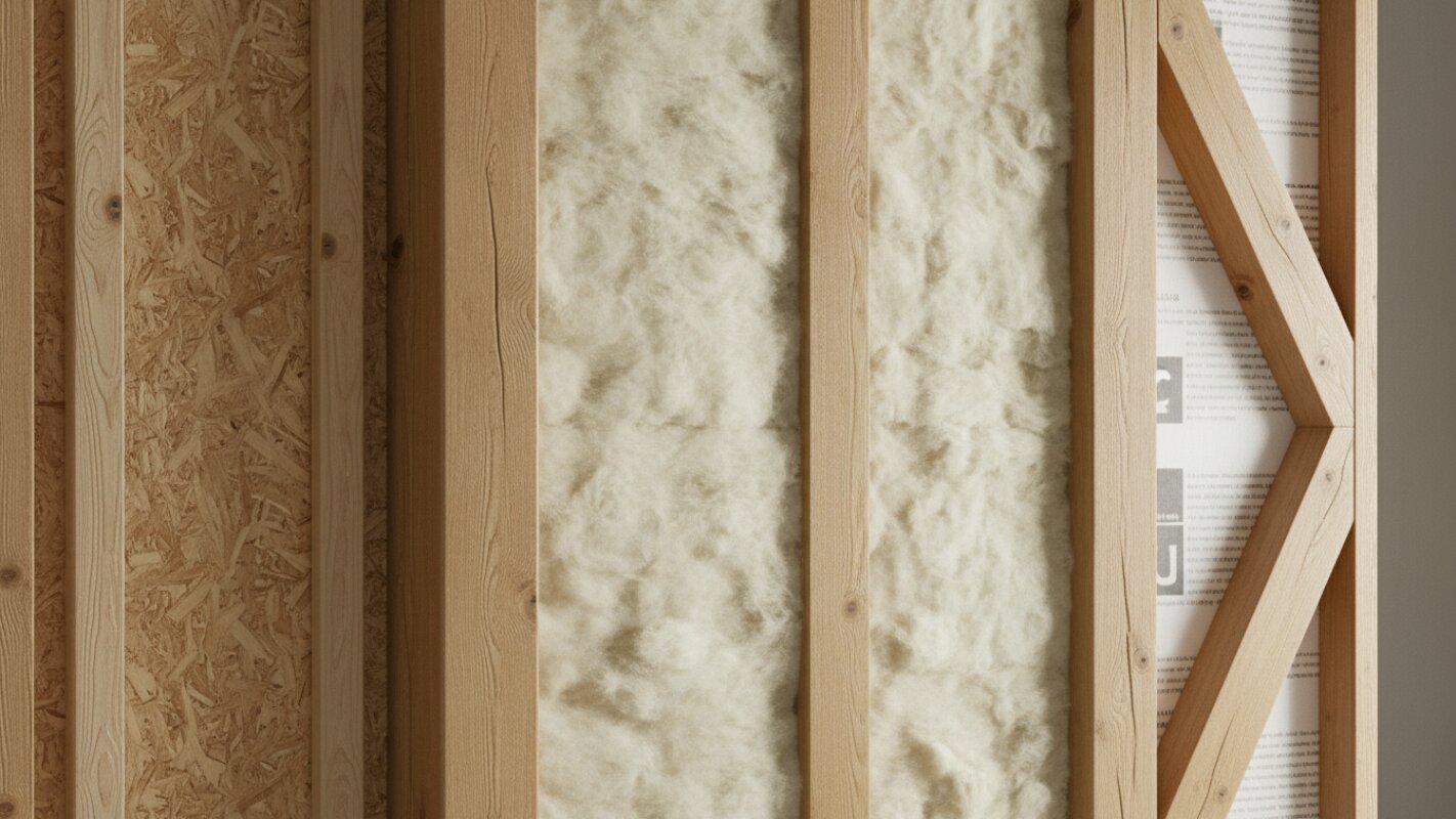 Coupe transversale d'un mur à ossature bois montrant l'isolation et la structure.