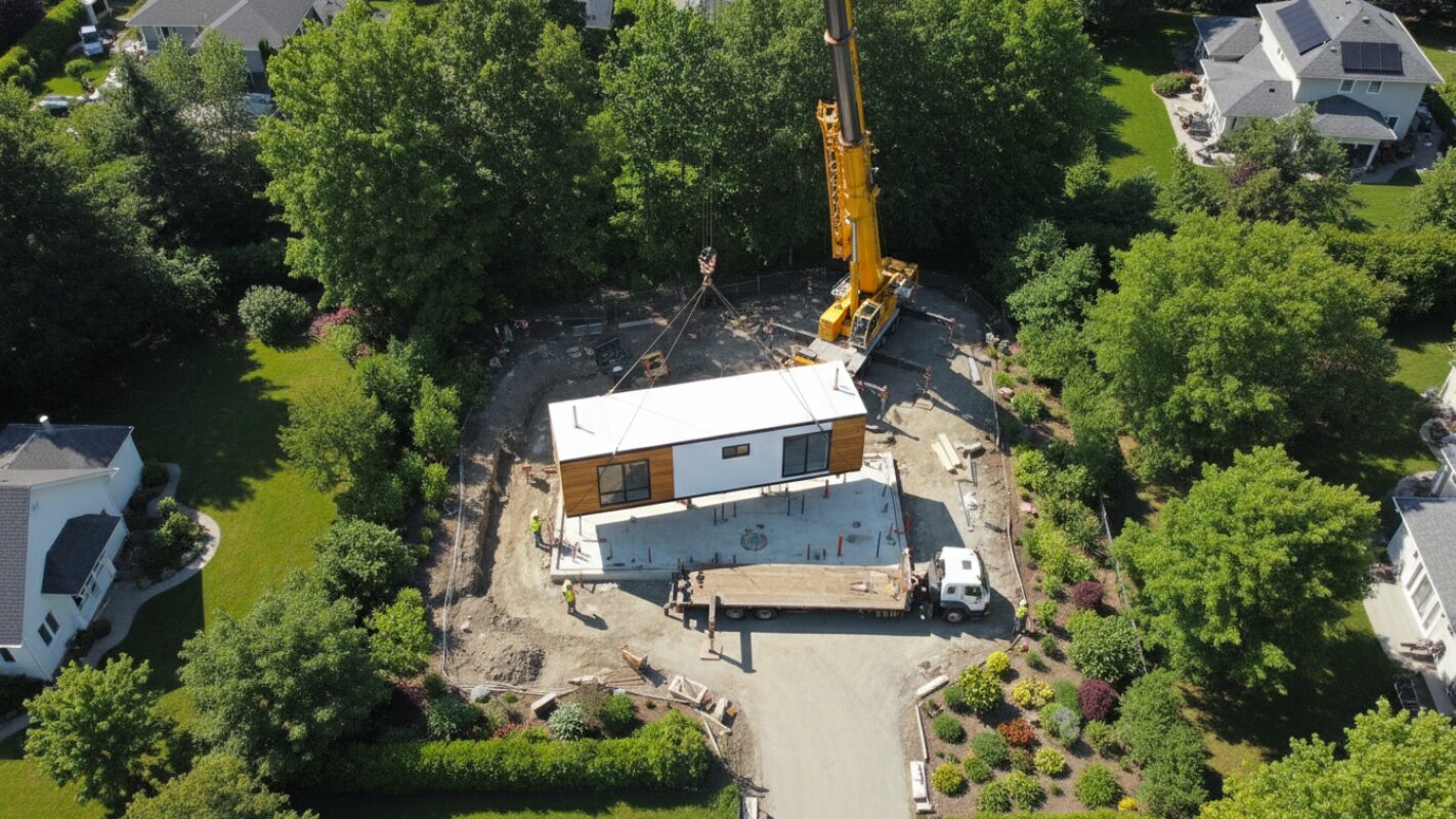Grue déplaçant module maison sur fondation, vue drone.