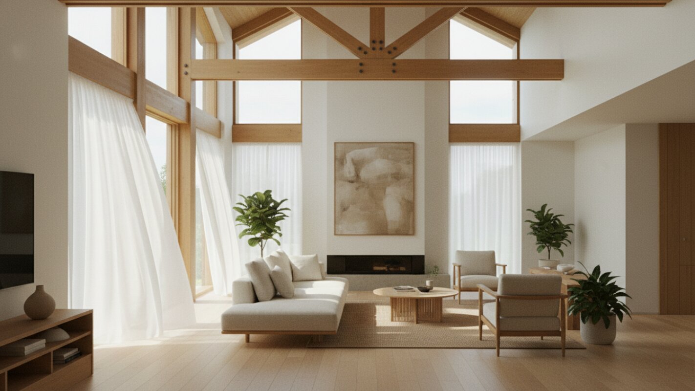 Bright interior of a timber frame house with heat recovery ventilation.