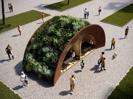 Widok z góry na półkolistą altanę modułową City’s Jungle, podkreślający intensywną zieloną roślinność na dachu i ścianie. Wnętrze z drewnianymi ławkami modułowymi, otoczone miejską przestrzenią. Ekologiczny pawilon miejski z zielonym dachem i strefą relaksu