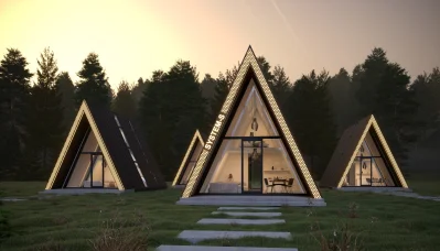Trzy domki Forest Prism: A-frame, las o zachodzie, podświetlane krawędzie.