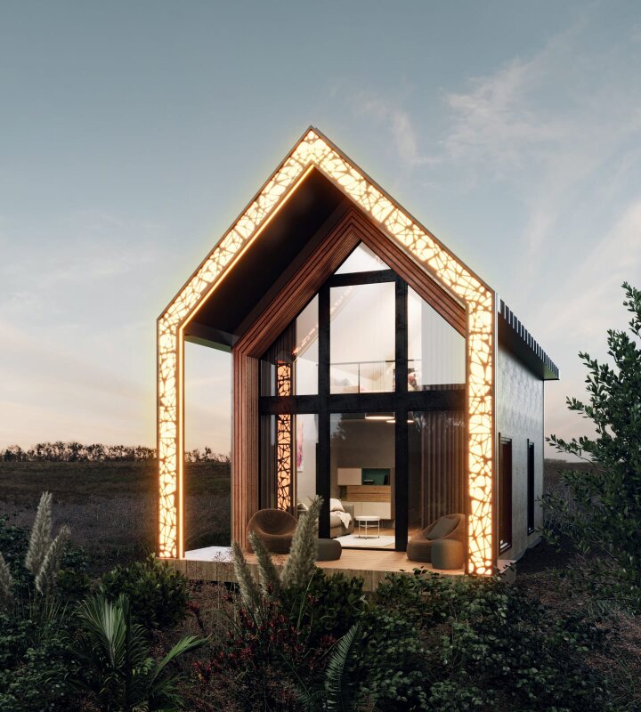 Futurystyczny dom Peace of Mind: podświetlona rama, wieczór.