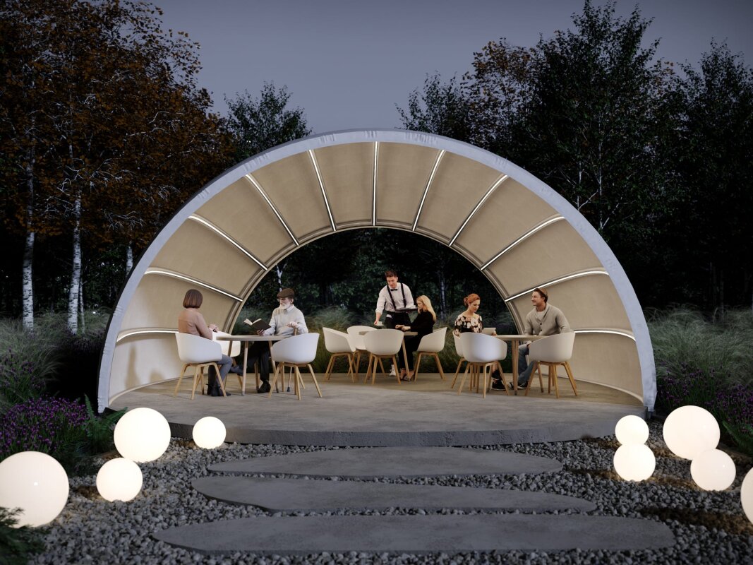 Seashell Canopy la nuit: zone illuminée, sphères lumineuses.