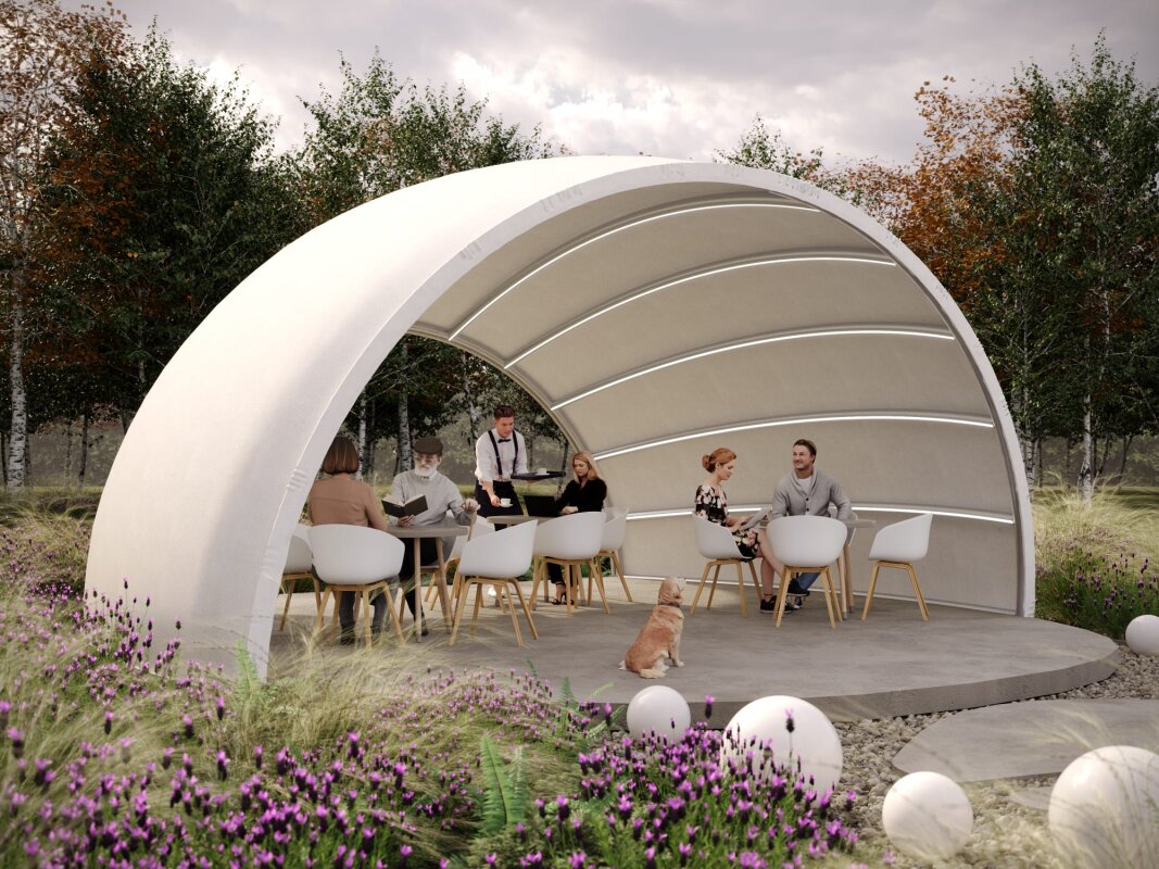 Biała Seashell Canopy: dzień, kawiarniany klimat, zieleń.