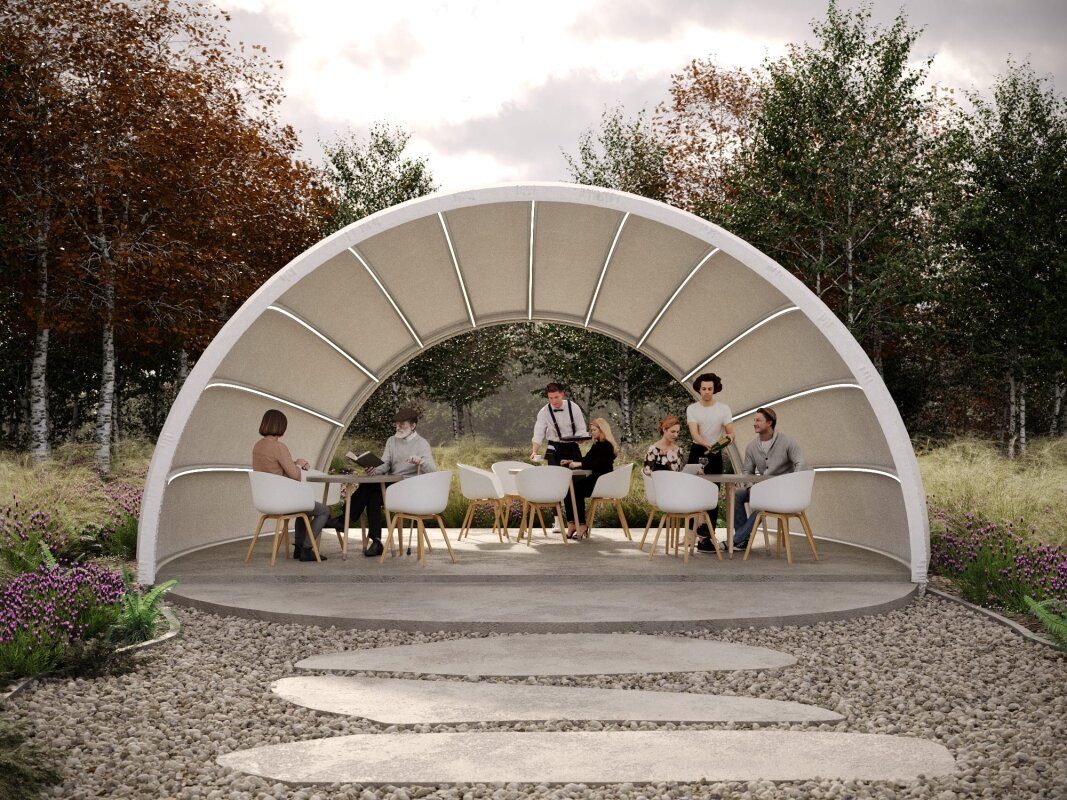 Biała Seashell Canopy: dzień, miejsce spotkań na zewnątrz.