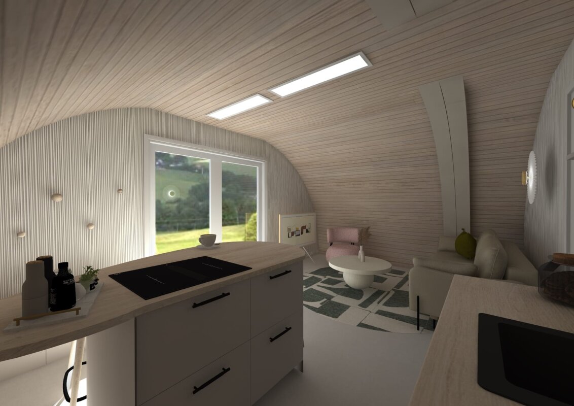 Kuchnia Tunnel House: wyspa, widok na salon i góry.