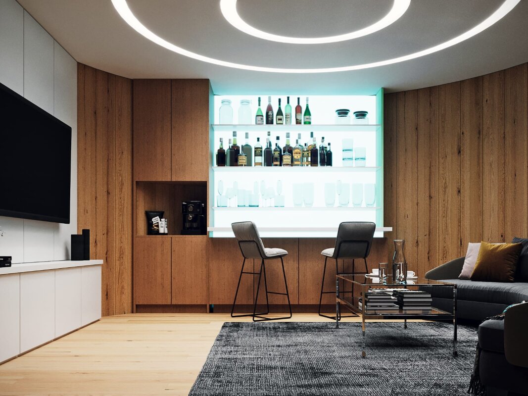 Salon w centrum relaksu: TV, bar, sofa, drewno i LED.