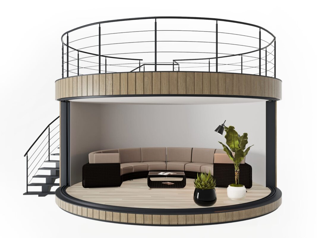 Vision 180: aranżacja wnętrza, sofa, rośliny, taras.