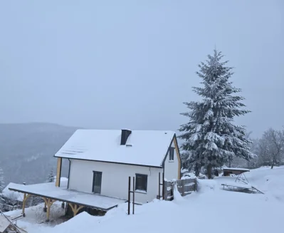 Dom szkieletowy na zboczu góry, zima, świerk.