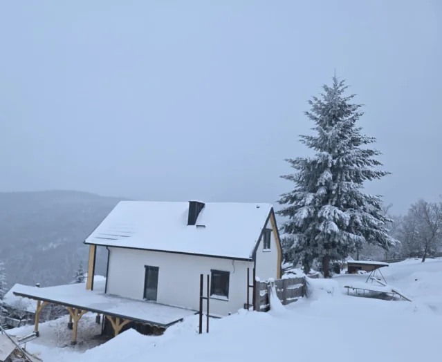 Dom szkieletowy na zboczu góry, zima, świerk.