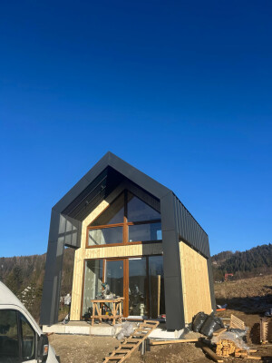 Frontdetail Ekodom 50: Holzrahmenkonstruktion, Blech, große ALUPLAST Fenster, Węgierska Górka.